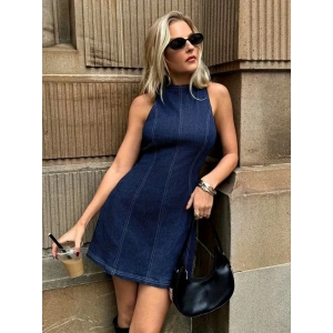 Kadın Omuzlardan Açık Bisiklet Yaka Kısa Kot Elbise