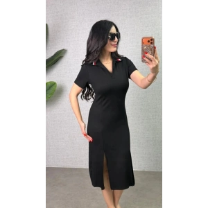 Kadın Polo Yaka çift Yırtmaç Detay Modal Kumaş Midi Boy Elbise