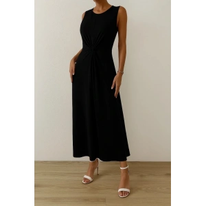 Kadın Sıfır Kollu Bisiklet Yaka Yandan Büzgü Detaylı Viskon Elbise