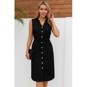 Kadın Sıfır Kollu Hakim Yaka önden Düğmeli Belden Kuşaklı Ithal Keten Elbise