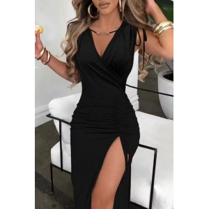 Kadın Sıfır Kollu V Yakalı Yırtmaç Detaylı Beli Büzgülü Omuzdan Bağcıklı Sandy Maxi Elbise