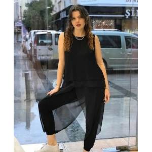 Kadın Şifon Detaylı Lastikli Şalvar Pantolon