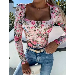 Kadın Süprem Kumaş çiçek Desen Uzun Kollu Kare Yaka Bluz