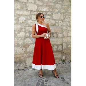 Kadın Tek Omuzu Açık Omuzlardan Kurdela Detaylı çift Renkli Ithal Krep Elbise