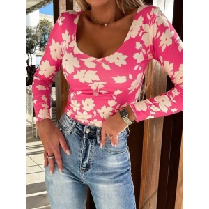 Kadın U Yaka Yaprak Baskılı Bluz