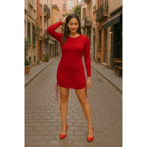 Kadın Uzun Kol Büzgü Detaylı Sandy Kumaş Ayarlanabilir Boy Fırsat Ürün Elbise