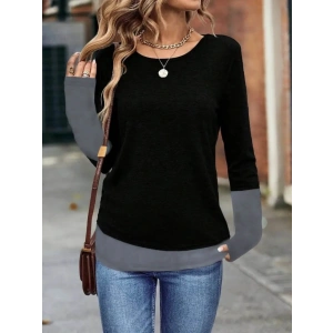 Kadın Uzun Kollu Açık Yuvarlak Yaka Blok Renkli Viskon Bluz