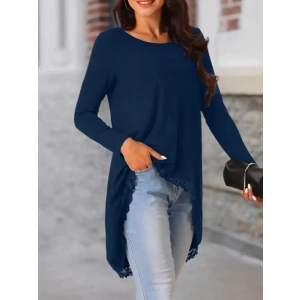 Kadın Uzun Kollu Bisiklet Yaka Asimetrik Kesim Detaylı Dantelli Viskon Bluz