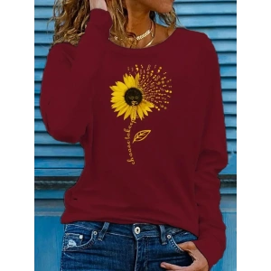 Kadın Uzun Kollu Bisiklet Yaka Ayçiçeği Desenli Viskon Bluz