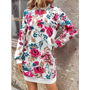 Kadın Uzun Kollu Bisiklet Yaka çiçek Baskılı şardonlu Dalgıç Elbise