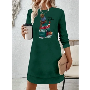 Kadın Uzun Kollu Bisiklet Yaka Desenli Viskon Iki Iplik Elbise