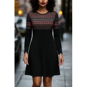 Kadın Uzun Kollu Bisiklet Yaka Etnik Desenli Kısa şardonlu Dalgıç Elbise