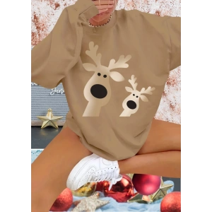 Kadın Uzun Kollu Bisiklet Yaka Geyik Desenli Viskon Iki Iplik Bluz