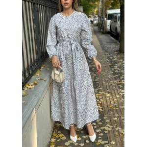 Kadın Uzun Kollu Bisiklet Yaka Papatya Desen Kuşak Dahil Maxi Boy Elbise