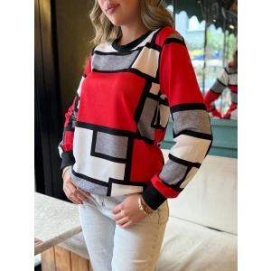 Kadın Uzun Kollu Bisiklet Yaka Renkli Blok Baskı Dalgıç Bluz