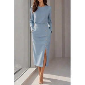 Kadın Uzun Kollu Bisiklet Yakalı Yandan Yırtmaçlı Düğmeli Midi Ithal Krep Elbise