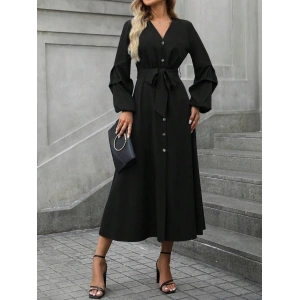 Kadın Uzun Kollu Derin V Yakalı Belden Kuşaklı önden Düğmeli Janjan Krep Elbise