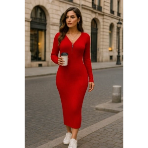 Kadın Uzun Kollu Fermuar Detay Fitilli Kaşkorse Kumaş Maxi Boy Elbise