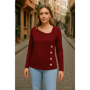 Kadın Uzun Kollu Geometrik Yaka Detay Yandan Düğmeli Viskon Iki Iplik Bluz