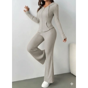 Kadın Uzun Kollu Kapşonlu önden Fermuarlı Kaşkorse Bluz Ve Pantolon Ikili Takım