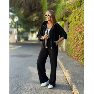 Kadın Uzun Kollu Kapşonlu Onu şerit Detaylı Fermuarlı Viskon Iki Iplik Bluz Ve Pantolon Ikili Takım