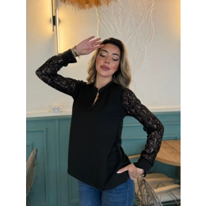 Kadın Uzun Kollu Kolları Dantelli Hakim Yaka Krep Bluz