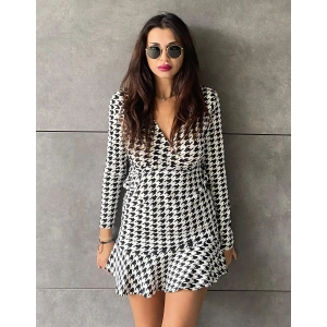 Kadın Uzun Kollu Kruvaze Yaka Kazayağı Mikro Mini Boy Elbise