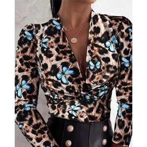 Kadın Uzun Kollu Kruvaze Yakalı Kelebek Desenli şardonlu Dalgıç Bluz