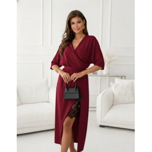 Kadın Uzun Kollu Kruvaze Yakalı Yandan Dantelli Midi Ithal Krep Elbise