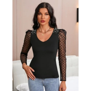Kadın Uzun Kollu Omuz Inci Kollar Tül Detay Viskon Bluz