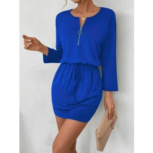 Kadın Uzun Kollu önden Fermuarlı Beli Bağcıklı Kısa Viskon Iki Iplik Elbise