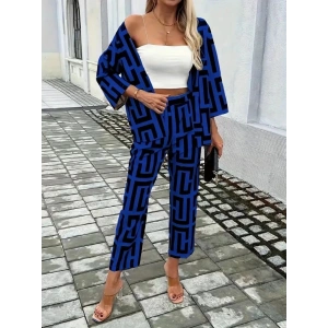 Kadın Uzun Kollu önü Açık Desenli Iki Iplik Ceket Ve Pantolon Ikili Takım