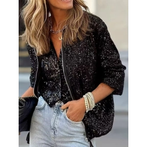 Kadın Uzun Kollu önü Fermuarlı Kısa Pulpayet Ceket