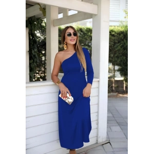 Kadın Uzun Kollu Tek Omuz Detay Krep Elbise