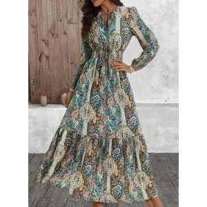 Kadın Uzun Kollu Uakadabağcıklı Beli Lastikli Desenli Uzun Süprem Elbise