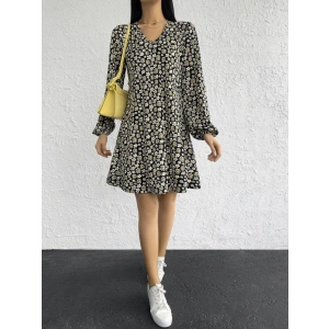 Kadın Uzun Kollu V Yaka çiçek Desenli Helen Kumaş Elbise