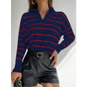 Kadın Uzun Kollu V Yaka çizgili Triko Bluz