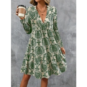 Kadın Uzun Kollu V Yakalı Fırfırlı Mini Süprem Elbise