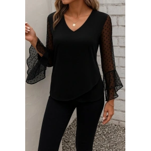 Kadın Uzun Kollu V Yakalı Kolları Ispanyol Detayı Sandy Bluz