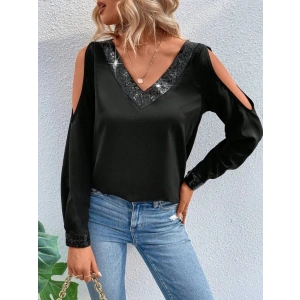 Kadın Uzun Kollu V Yakalı Omuzlardan Açık Sandy Bluz