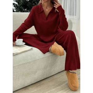 Kadın Uzun Kollu V Yakalı şardonlu Kaşkorse Bluz Ve Pantolon Ikili Takım