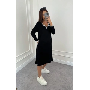 Kadın Uzun Kollu V Yakalı şerit Detaylı Cepli Midi Viskon Iki Iplik Elbise