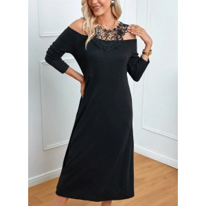 Kadın Uzun Kollu Yaka önü Güpürlü Madonna Yaka Viskon Midi Boy Elbise