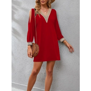 Kadın Uzun Kollu Yaka Ve Kol Manşet Güpürlü Detay Krep Mini Boy Elbise