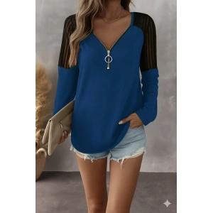 Kadın Uzun Kollu Yakadan Fermuarlı Viskon Bluz