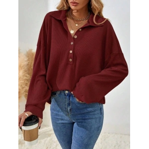 Kadın Uzun Kollu Yakalı Düğmeli Salaş Waffle Bluz