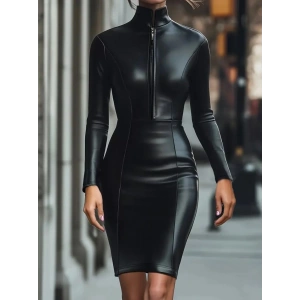 Kadın Uzun Kollu Yakalı Fermuarlı Mini Deri Elbise