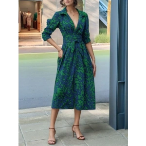 Kadın Uzun Kollu Yakalı önden Düğmeli Beli Kuşaklı Uzun Süprem Elbise