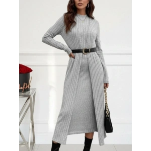 Kadın Uzun Kollu Yarı Balıkçı Yaka şardonlu Kaşkorse Elbise Ve Uzun Hırka Ikili Takım