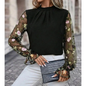 Kadın Uzun Kollu Yarı Balıkçı Yaka Tül Detaylı Ithal Krep Bluz